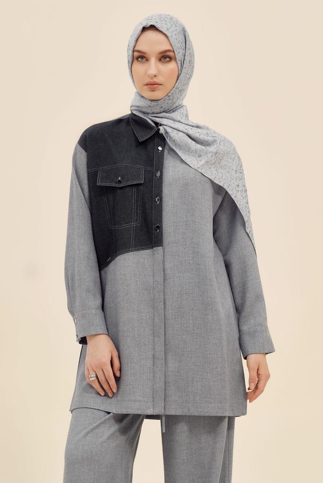 Vêtements hijab GRIS TUNIQUE COL CHEMISE 46035 - ALVİNA