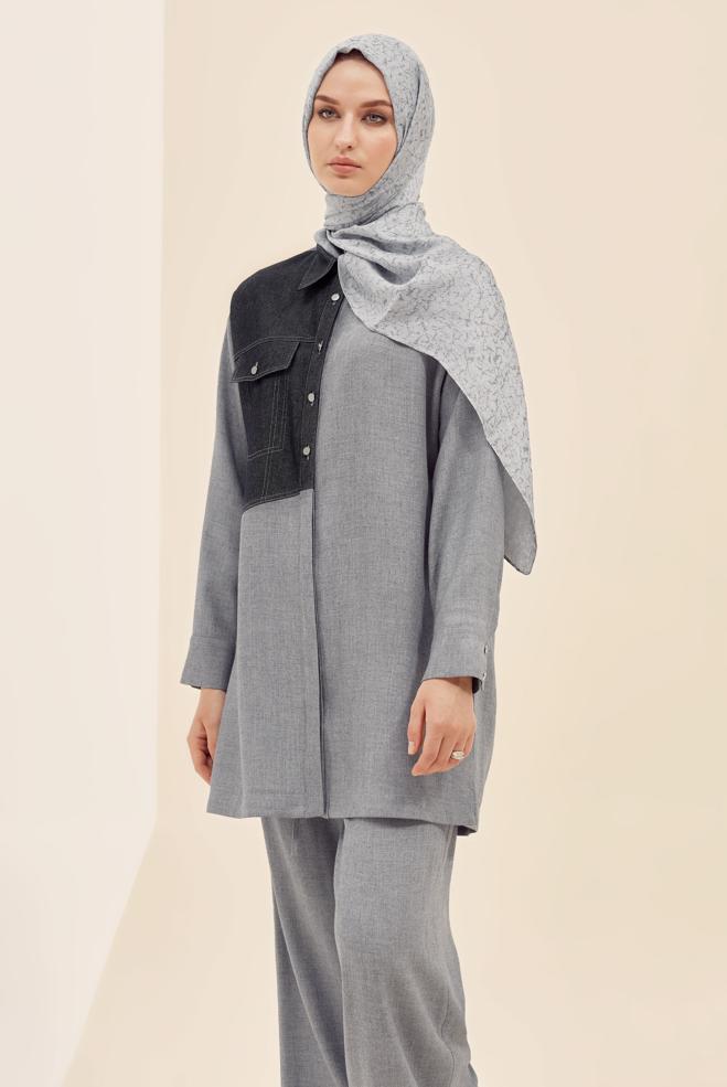 Vêtements hijab GRIS TUNIQUE COL CHEMISE 46035 - ALVİNA