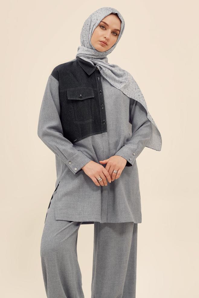 Vêtements hijab GRIS TUNIQUE COL CHEMISE 46035 - ALVİNA