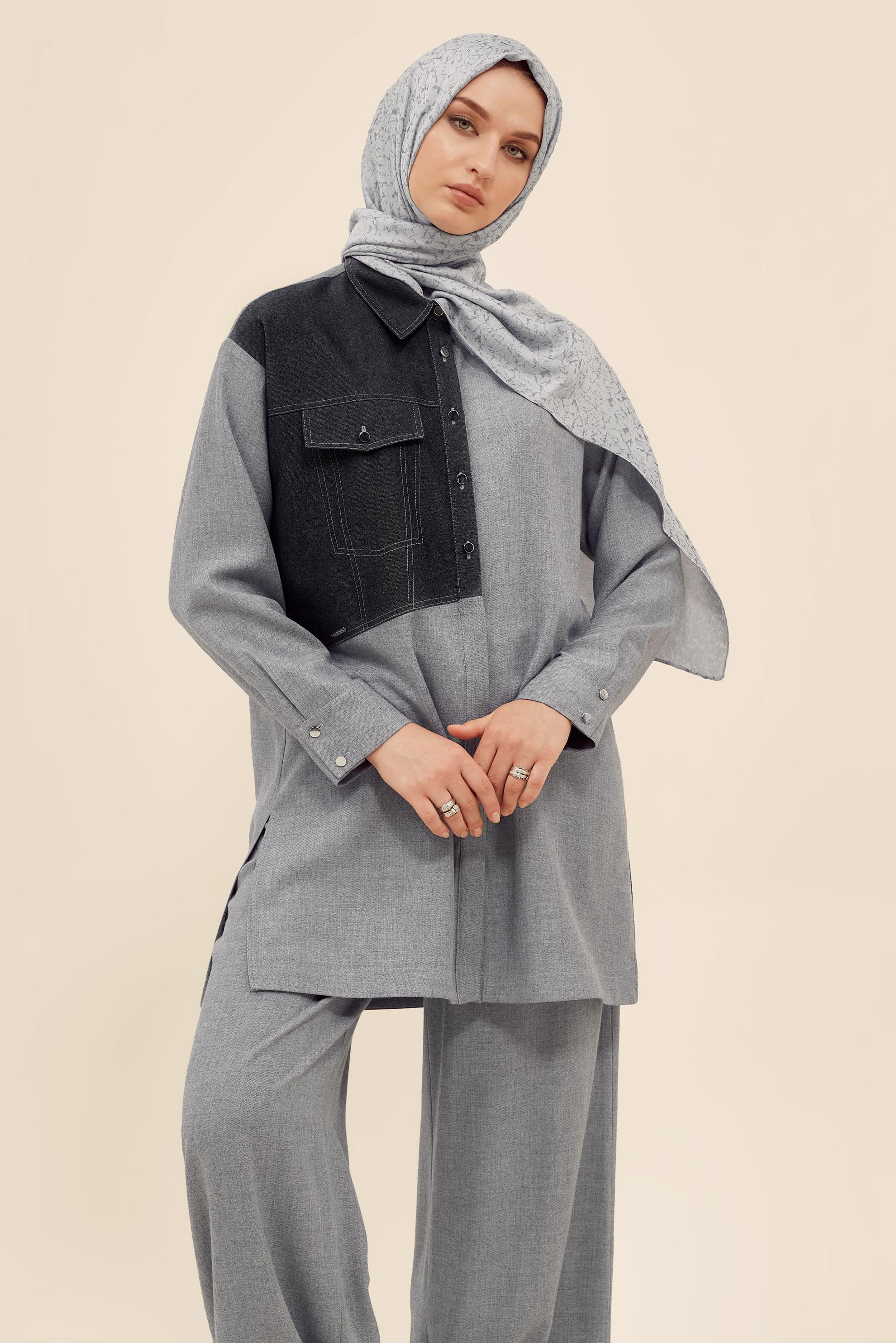 Tesettür giyim GRİ GÖMLEK YAKA TUNİK 46035