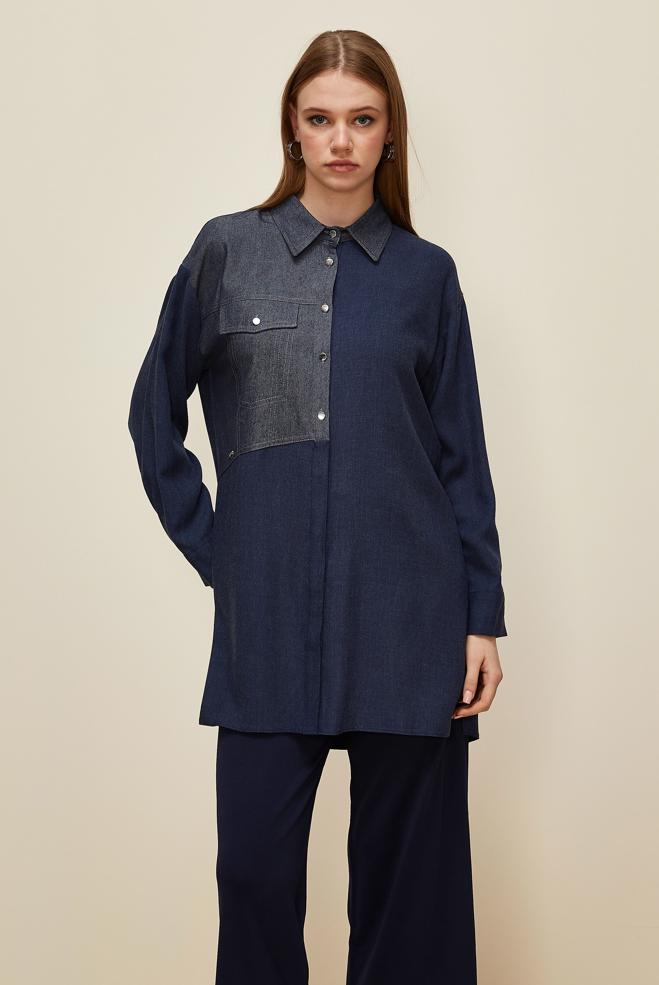 Tesettür giyim LACİVERT GÖMLEK YAKA TUNİK 46035 - ALVİNA