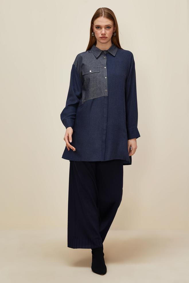 Tesettür giyim LACİVERT GÖMLEK YAKA TUNİK 46035 - ALVİNA