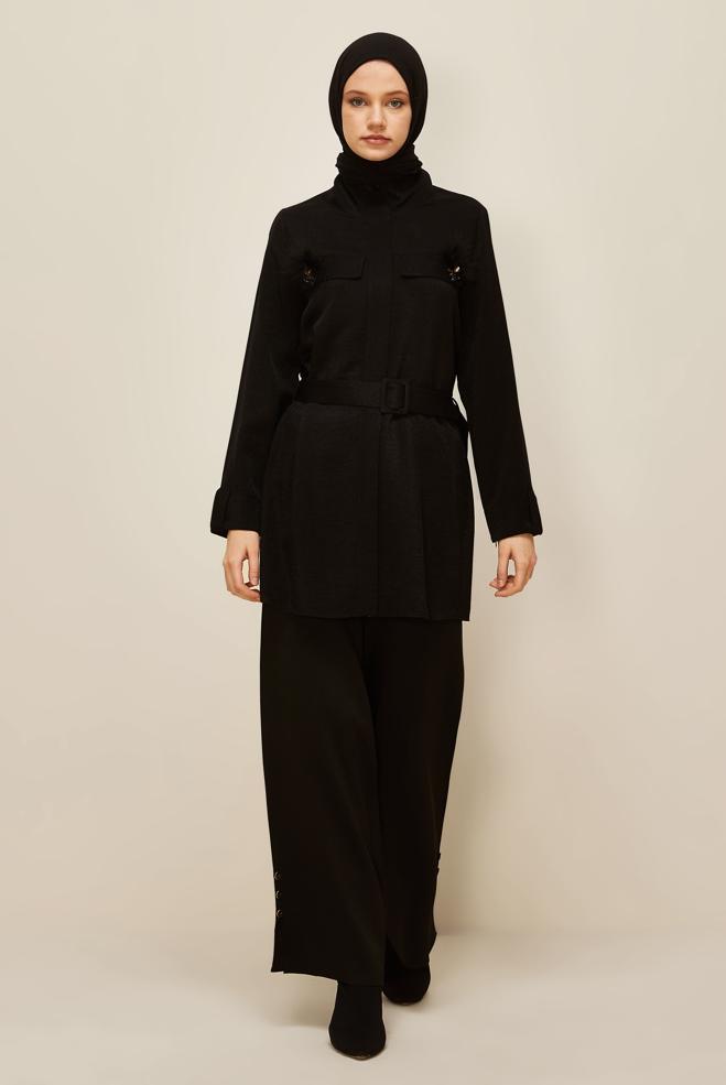 Vêtements hijab NOIR TUNIQUE CEINTURÉE AVEC BROCHE 46036 - ALVİNA