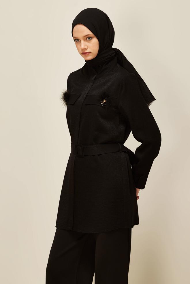 Vêtements hijab NOIR TUNIQUE CEINTURÉE AVEC BROCHE 46036 - ALVİNA