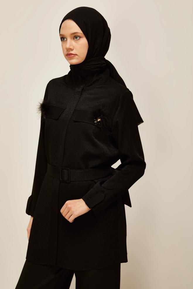 Vêtements hijab NOIR TUNIQUE CEINTURÉE AVEC BROCHE 46036 - ALVİNA