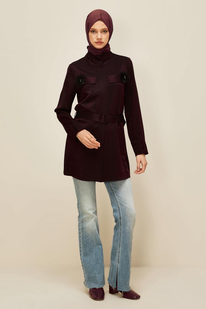Vêtements hijab BEIGE TUNIQUE CEINTURÉE AVEC BROCHE 46036 - ALVİNA