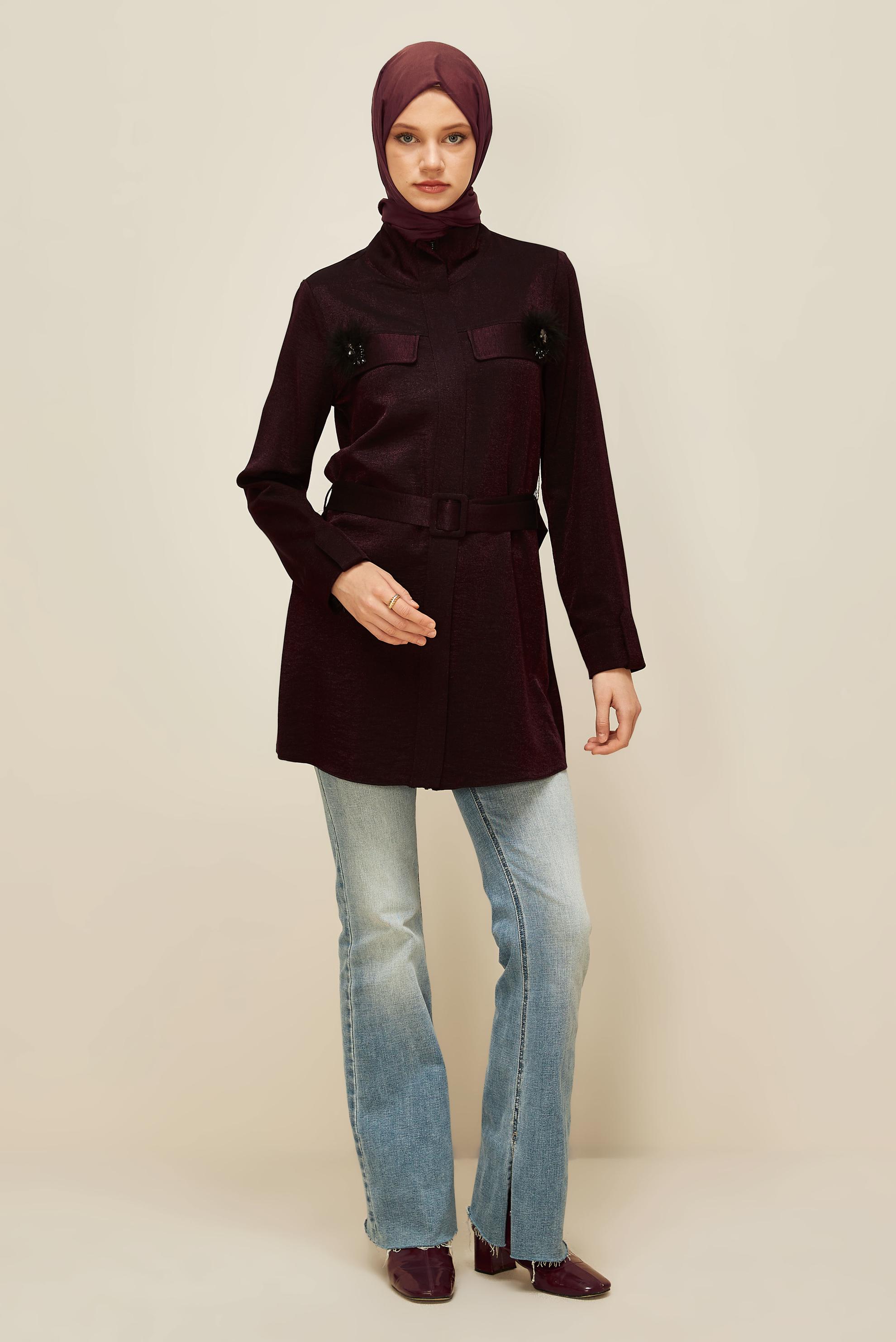 Tesettür giyim BORDO KEMERLİ BROŞLU TUNİK 46036