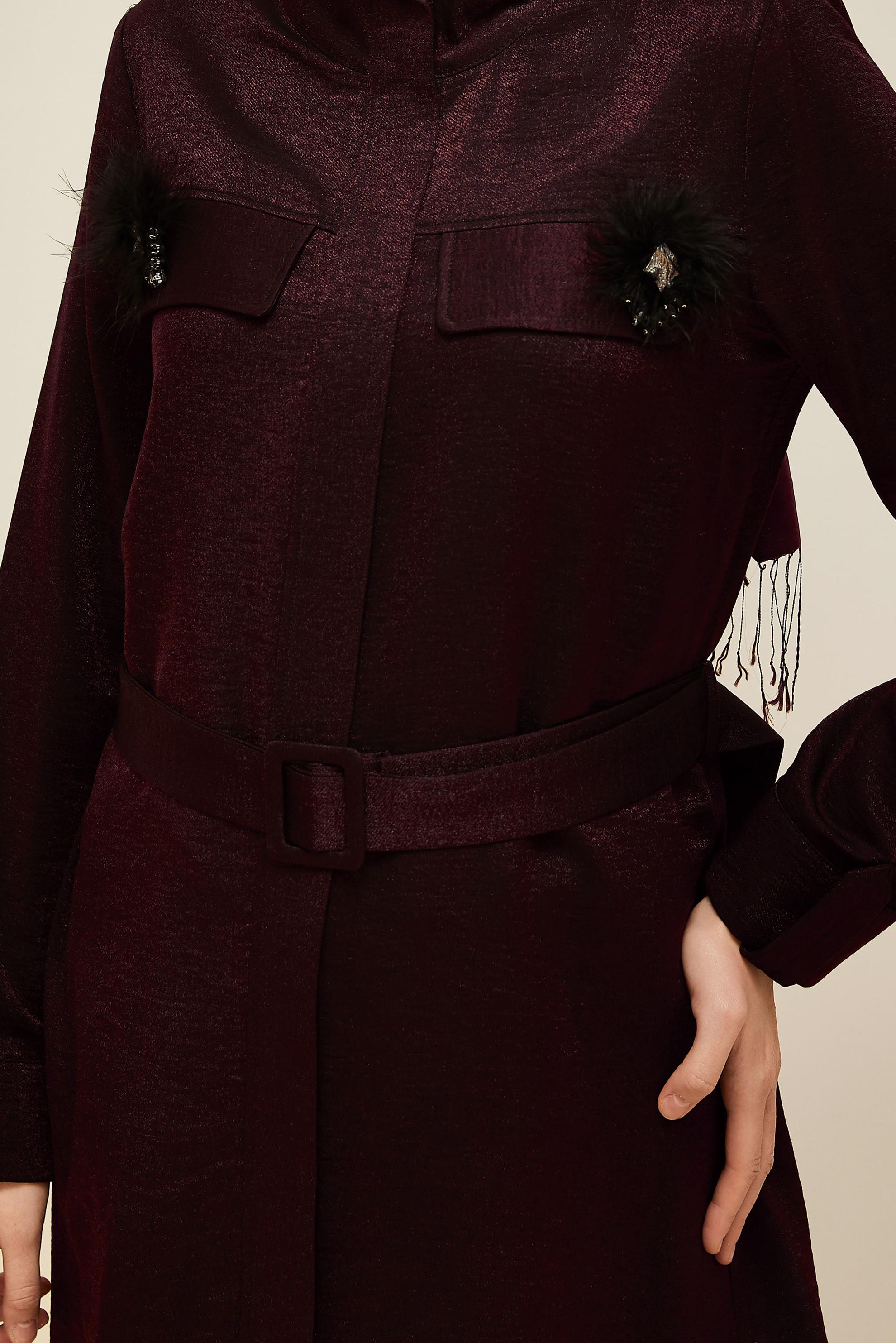 Tesettür giyim BORDO KEMERLİ BROŞLU TUNİK 46036