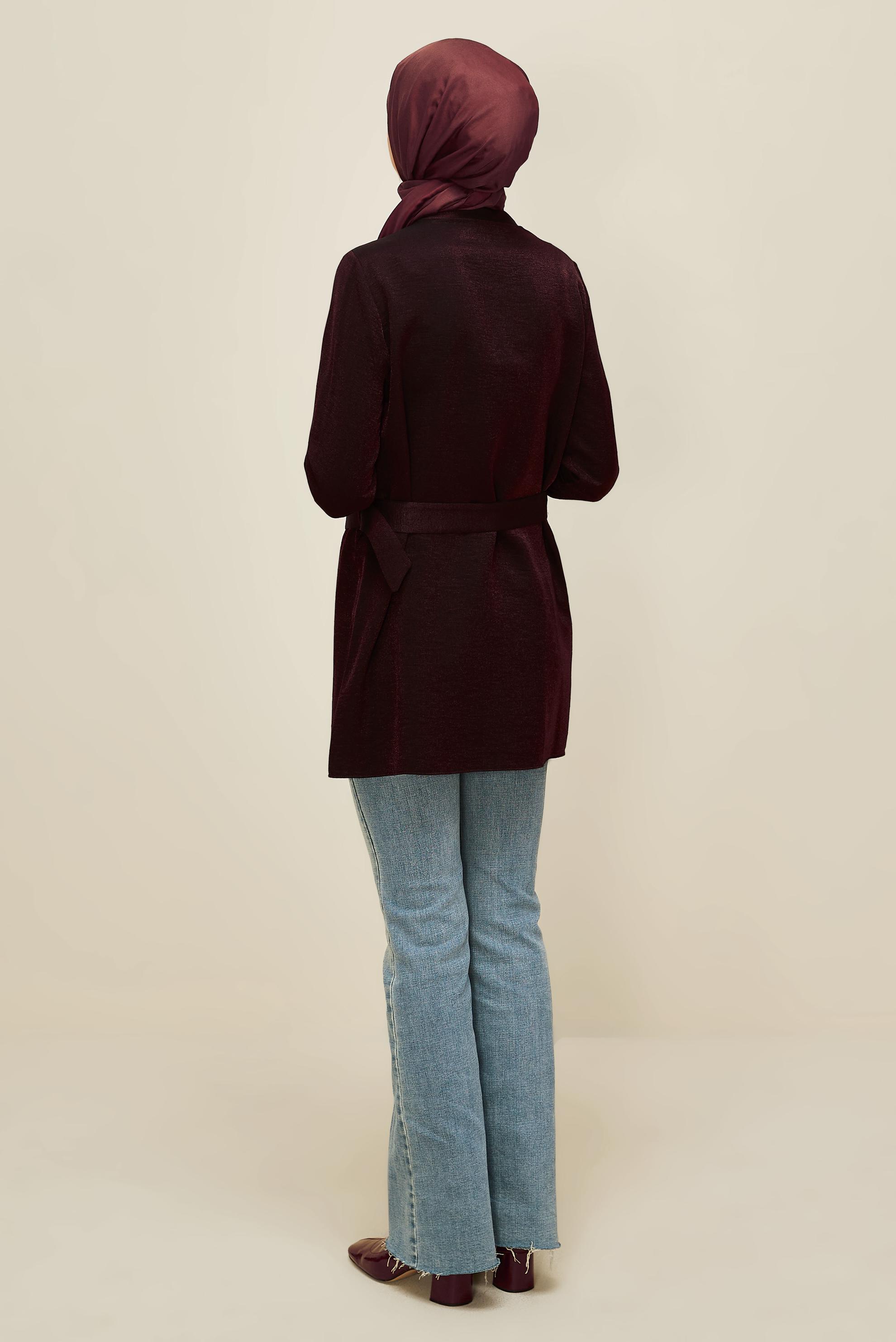 Tesettür giyim BORDO KEMERLİ BROŞLU TUNİK 46036