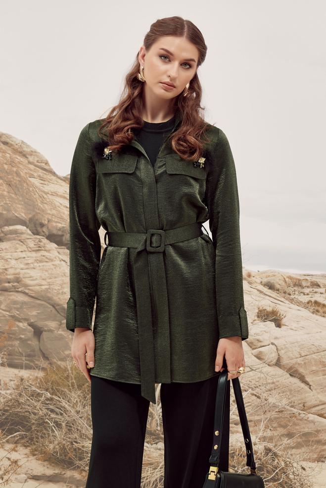 Hijab clothing KHAKI BELTED TUNIC WITH BROOCH 46036 - ALVİNA