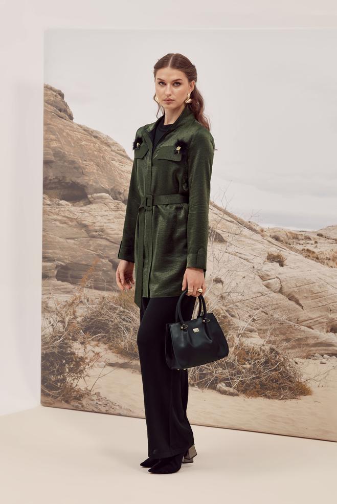 Hijab clothing KHAKI BELTED TUNIC WITH BROOCH 46036 - ALVİNA