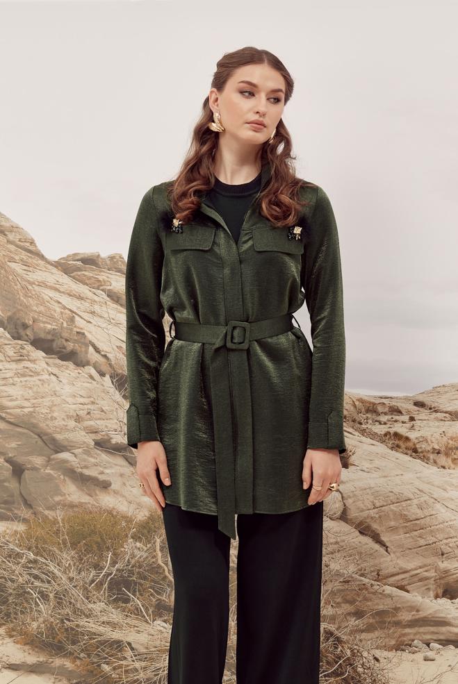 Hijab clothing KHAKI BELTED TUNIC WITH BROOCH 46036 - ALVİNA