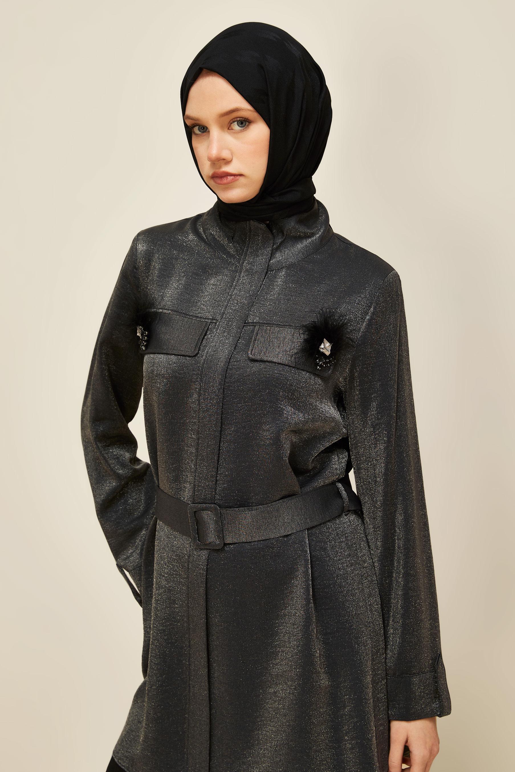 Tesettür giyim GRİ KEMERLİ BROŞLU TUNİK 46036