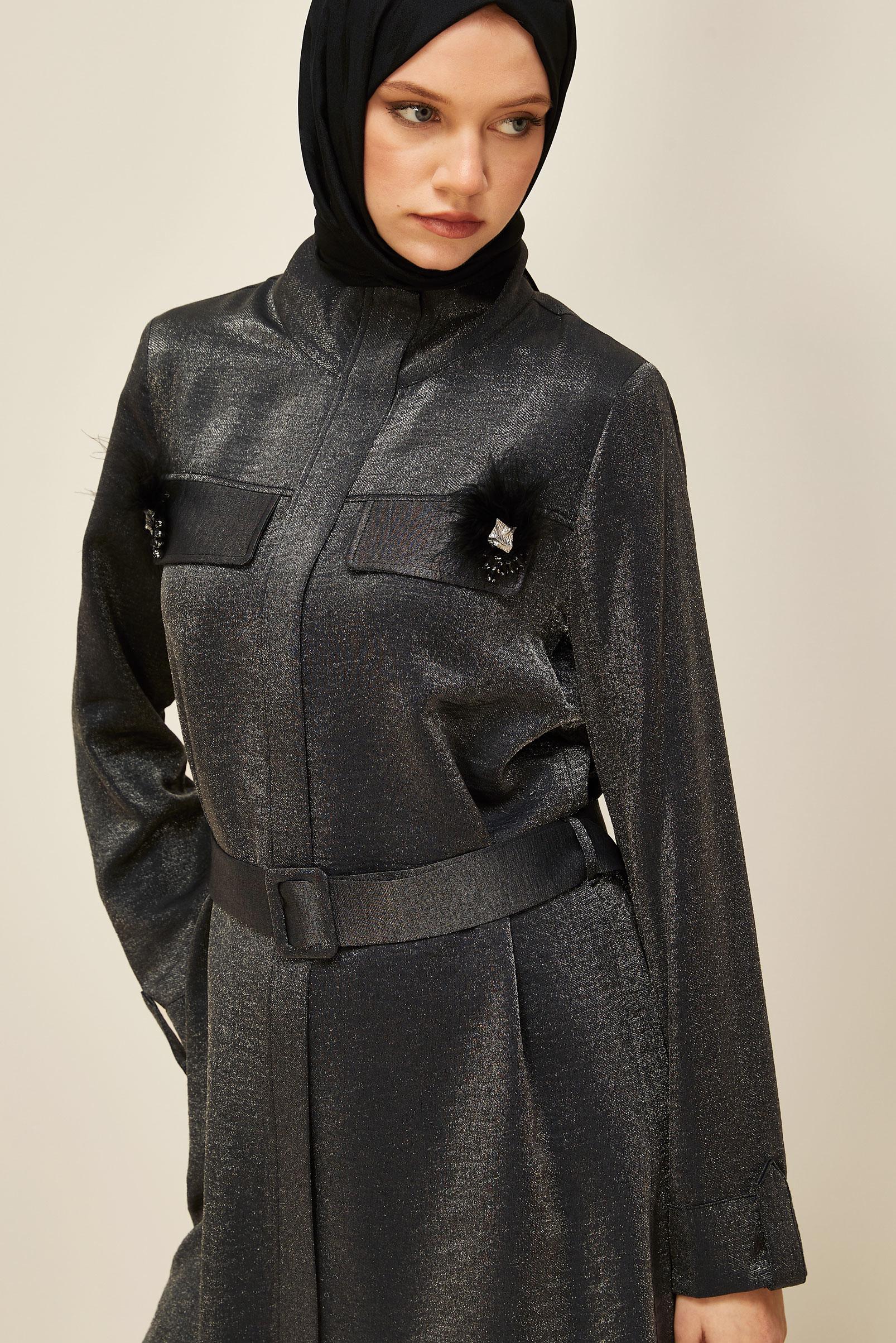 Tesettür giyim GRİ KEMERLİ BROŞLU TUNİK 46036