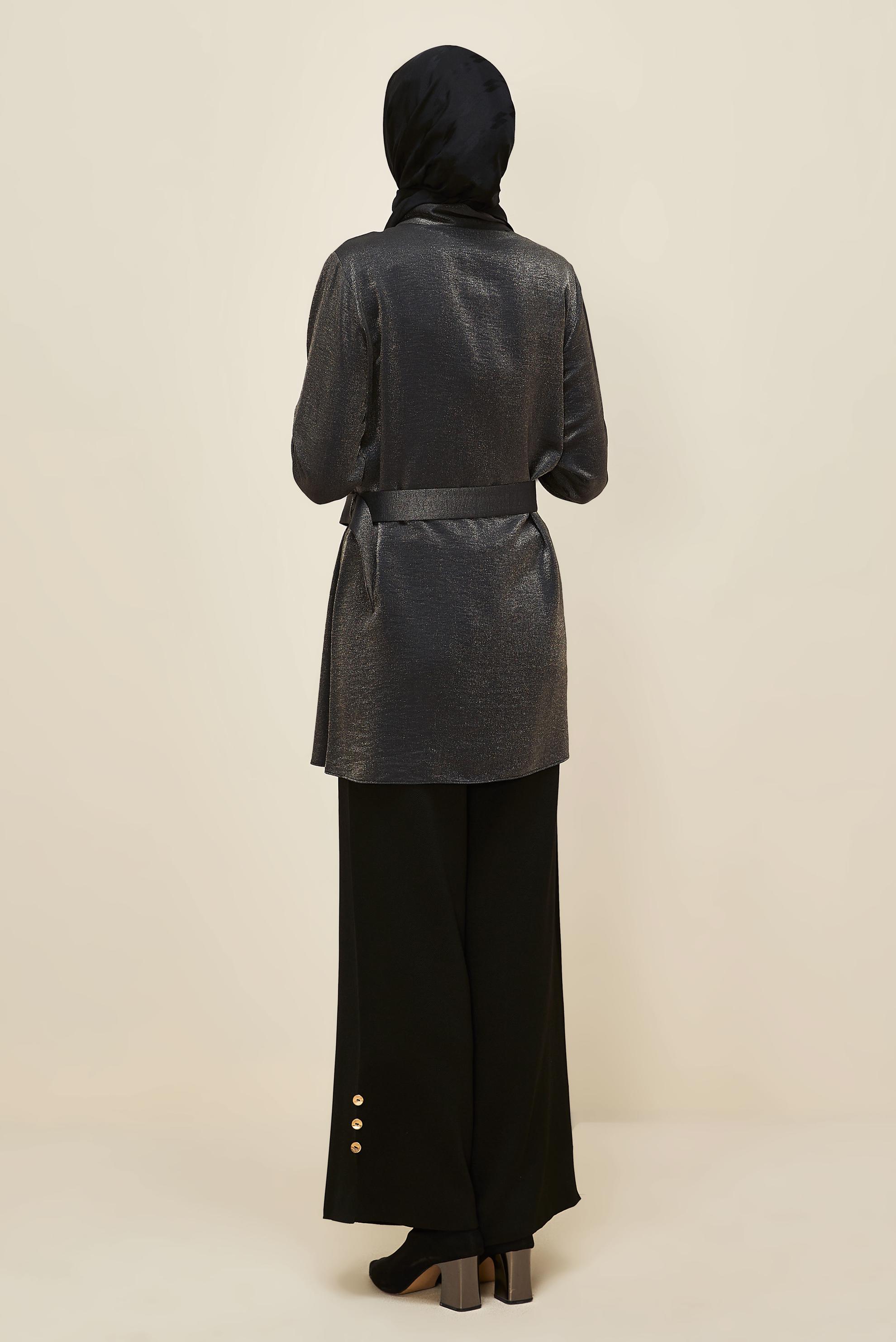 Tesettür giyim GRİ KEMERLİ BROŞLU TUNİK 46036