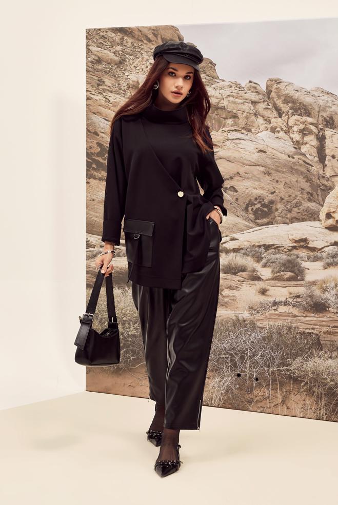 Tesettür giyim SİYAH SUNİ DERİ CEP DETAYLI TUNİK 46043 - ALVİNA