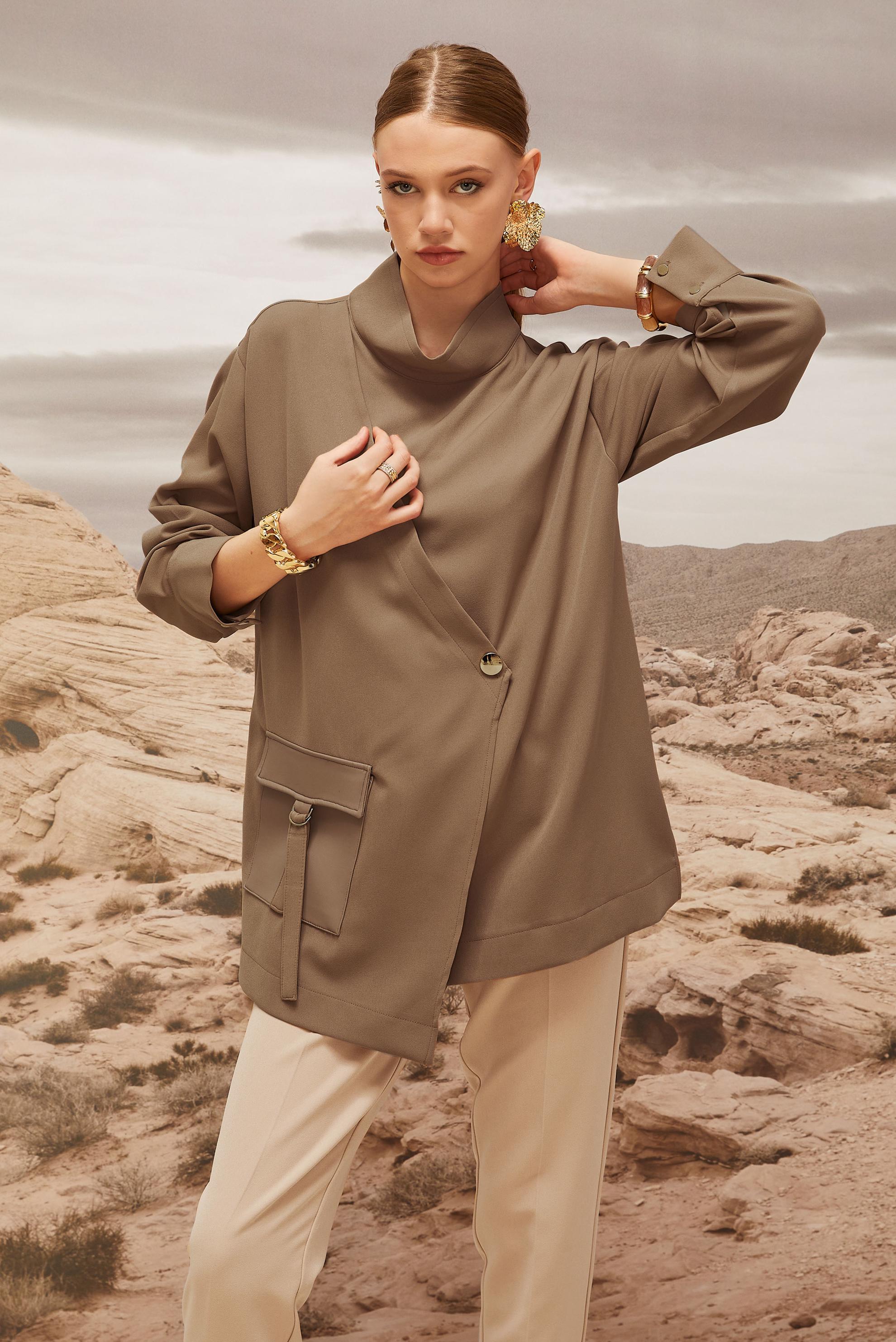 Hijab clothing BROWN FAUX-LEATHER POCKET DETAILED TUNIC 46043