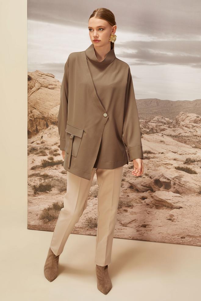 Tesettür giyim KAHVE SUNİ DERİ CEP DETAYLI TUNİK 46043 - ALVİNA