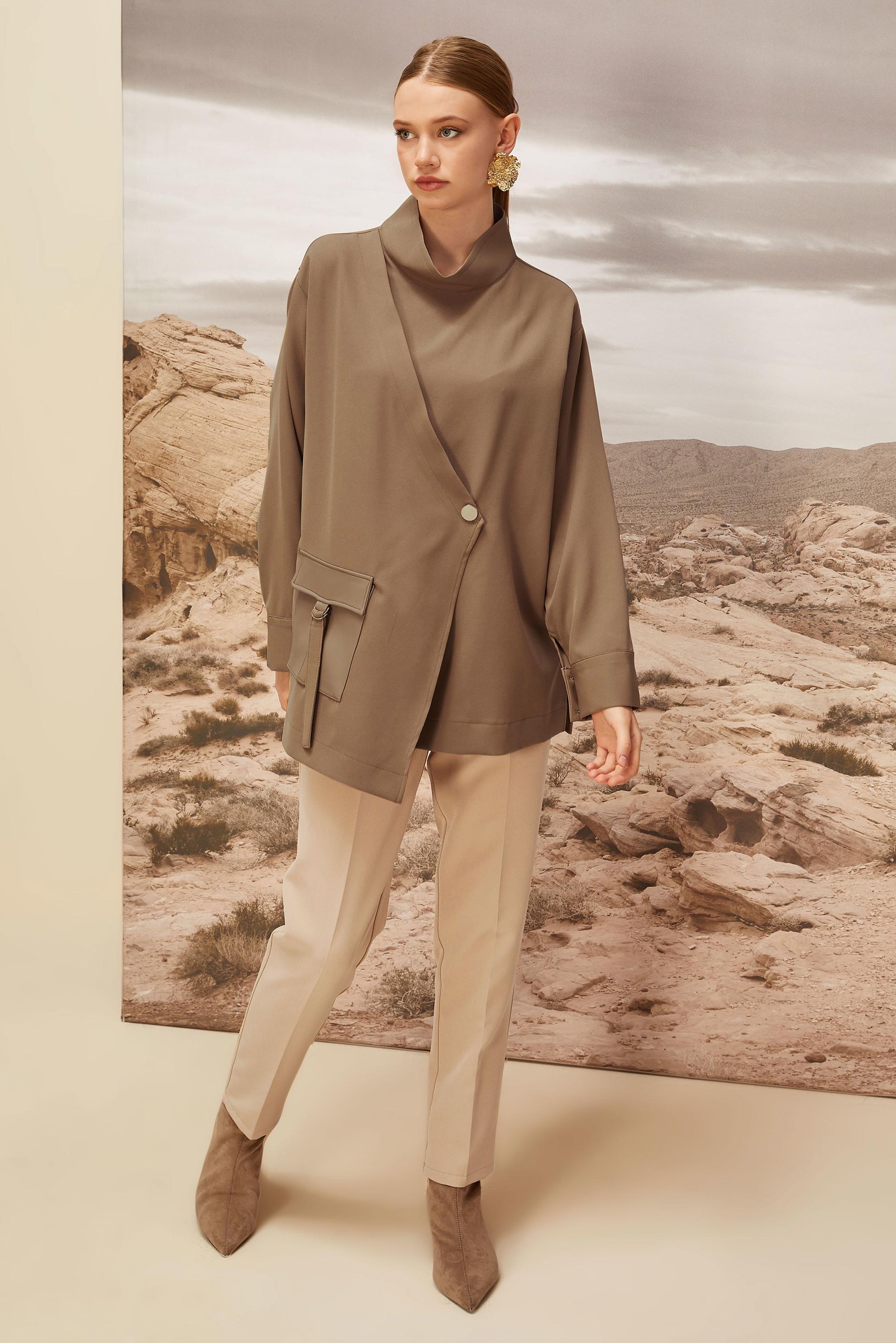 Hijab clothing BROWN FAUX-LEATHER POCKET DETAILED TUNIC 46043