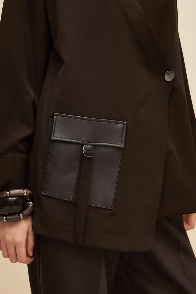 Hijab clothing BROWN FAUX-LEATHER POCKET DETAILED TUNIC 46043 - ALVİNA