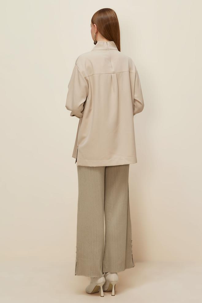 Vêtements hijab BEIGE TUNIQUE DÉTAILLÉE EN SIMILICUIR 46043 - ALVİNA