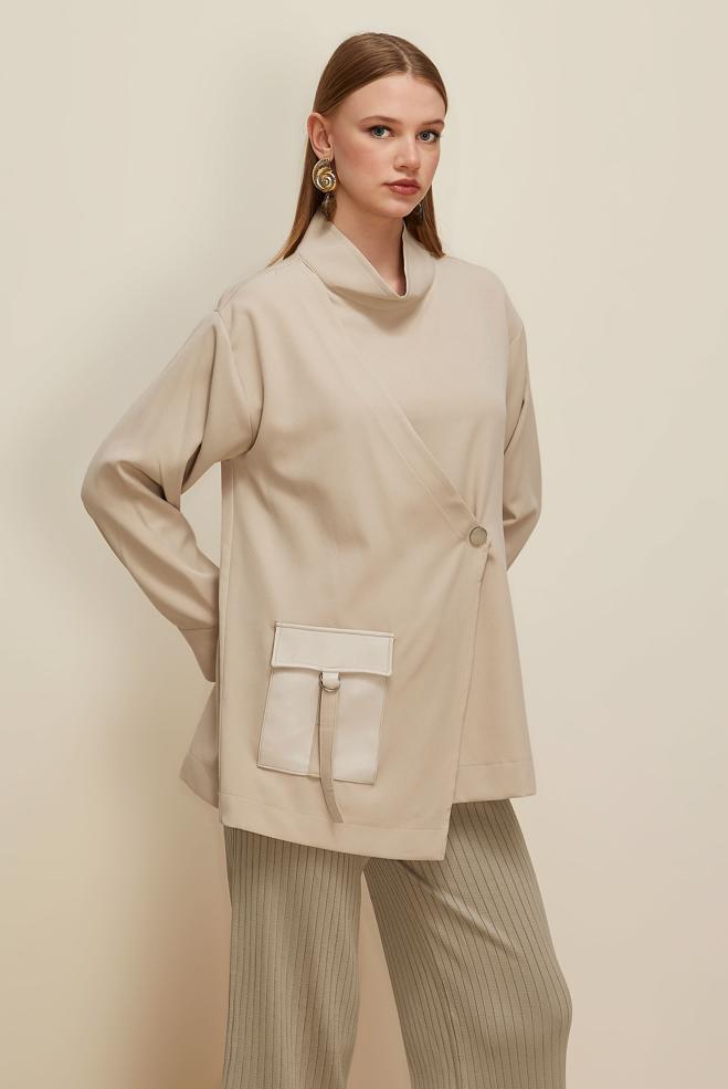 Vêtements hijab BEIGE TUNIQUE DÉTAILLÉE EN SIMILICUIR 46043 - ALVİNA