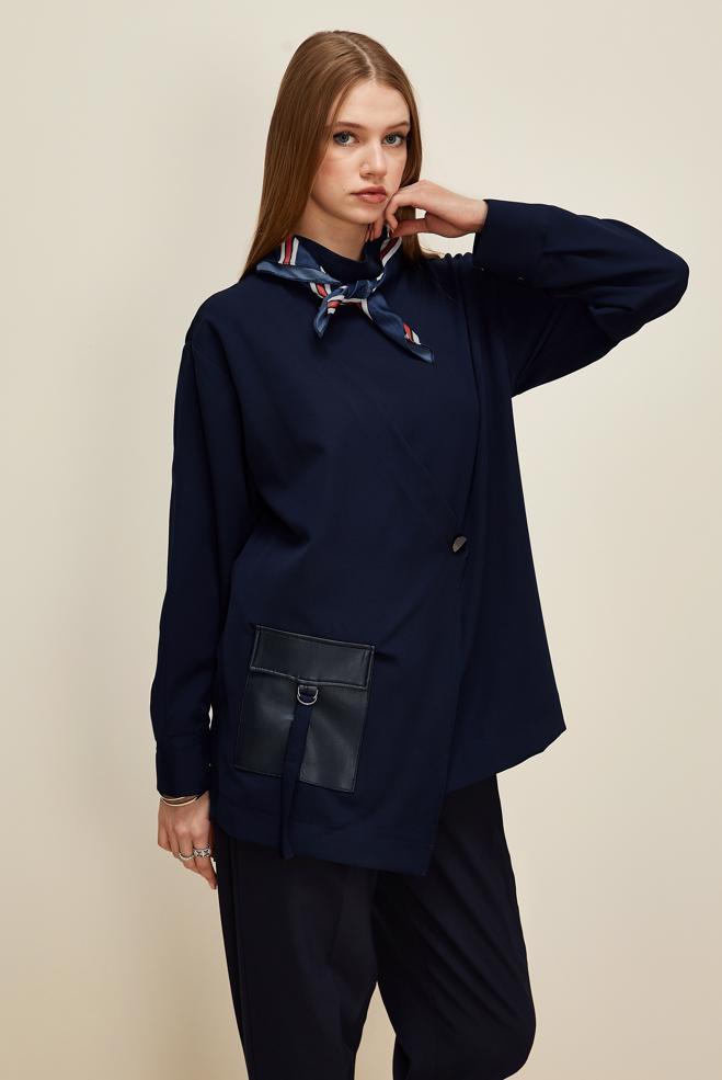 Vêtements hijab BLEU MARINE TUNIQUE DÉTAILLÉE EN SIMILICUIR 46043 - ALVİNA