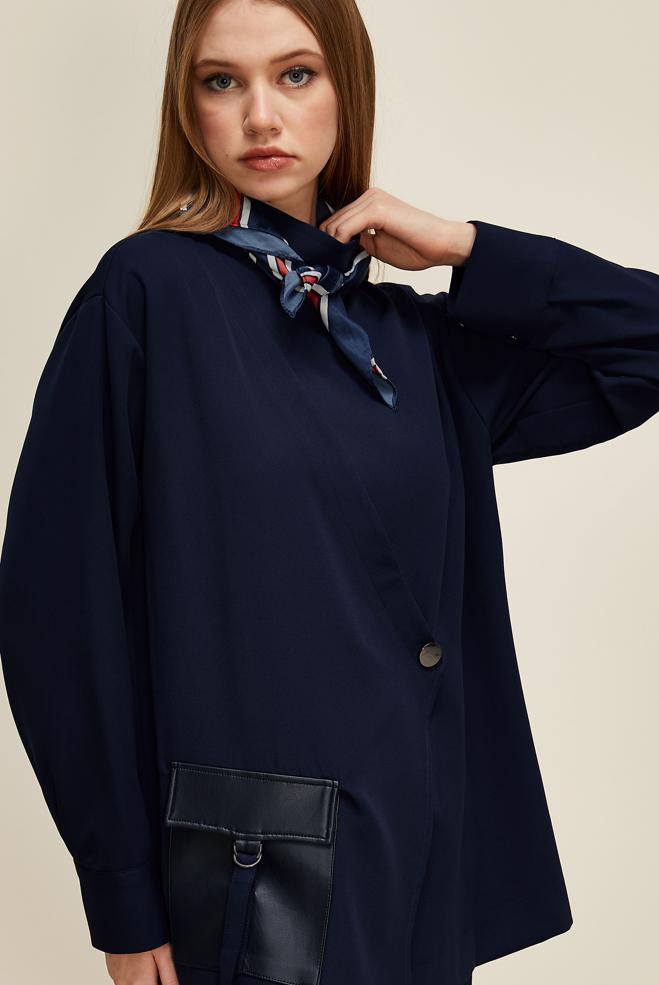 Vêtements hijab BLEU MARINE TUNIQUE DÉTAILLÉE EN SIMILICUIR 46043 - ALVİNA