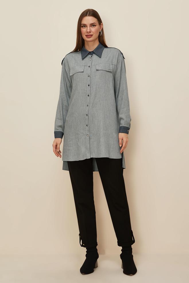 Tesettür giyim GRİ GÖMLEK YAKA TUNİK 46044 - ALVİNA