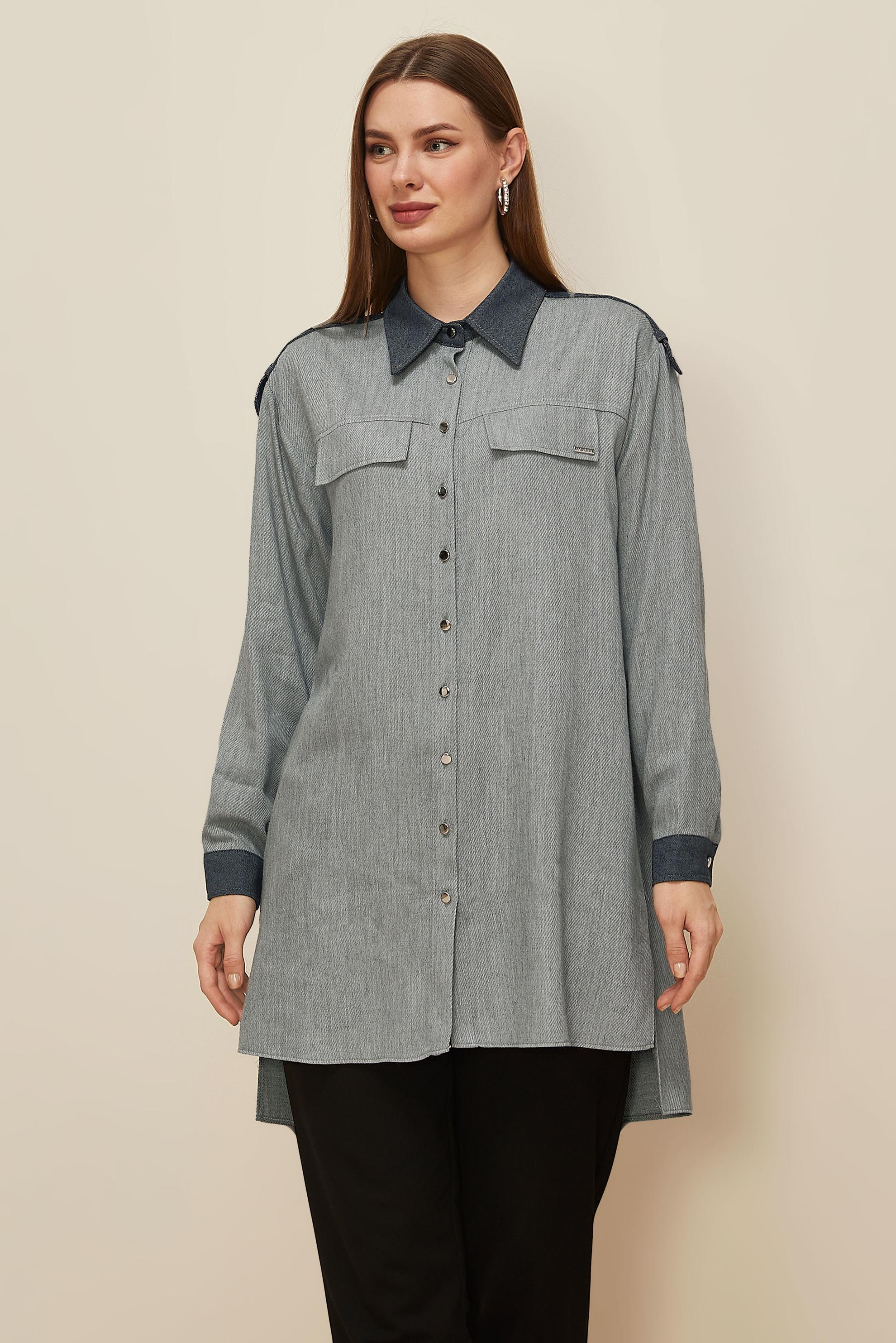 Tesettür giyim GRİ GÖMLEK YAKA TUNİK 46044