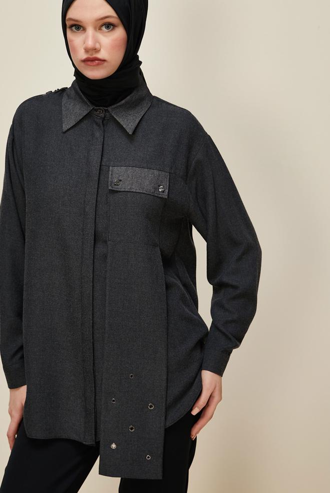 Tesettür giyim SİYAH KUŞGÖZÜ DETAYLI TUNİK 46048 - ALVİNA