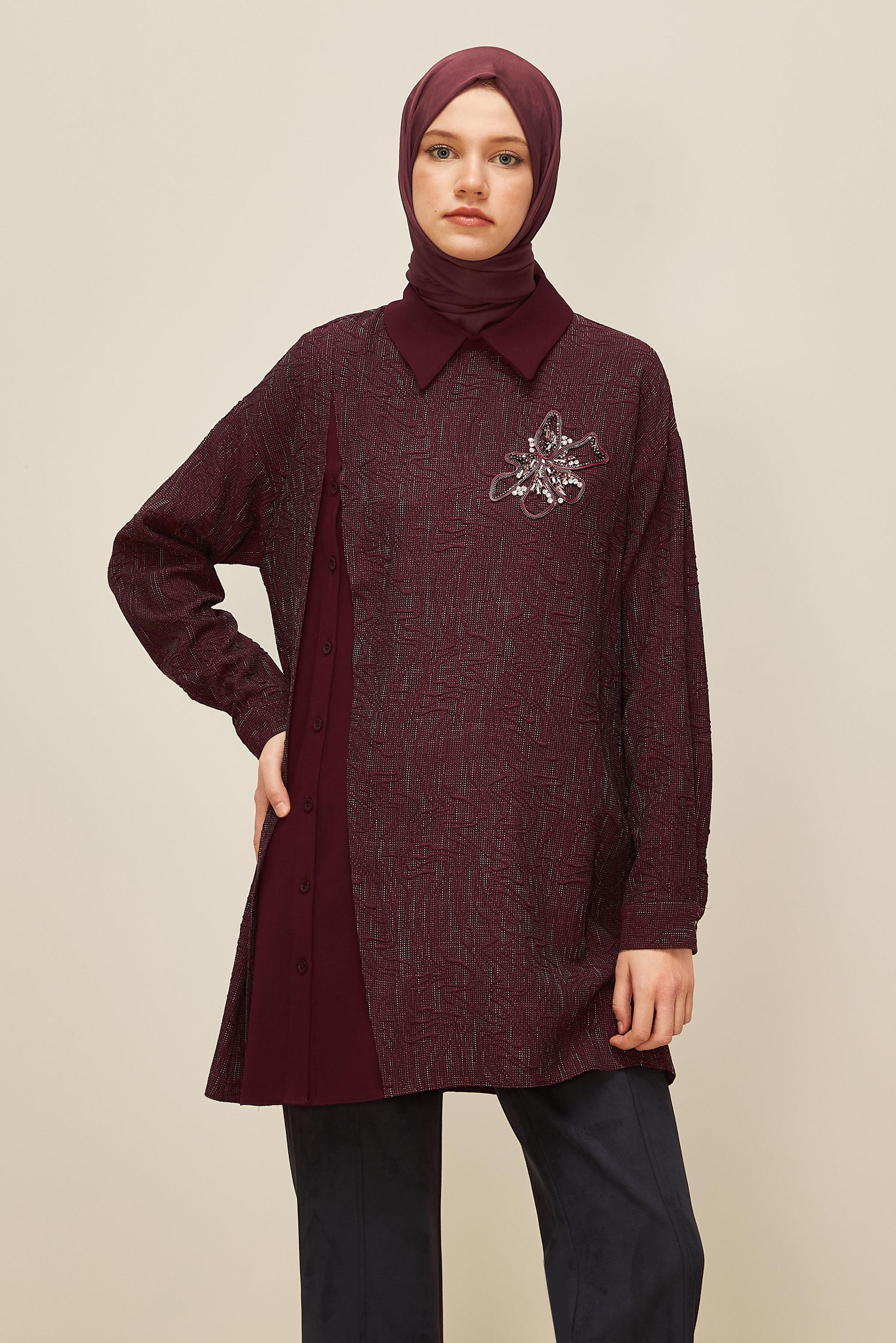 Tesettür giyim BORDO TAŞ BASKILI TUNİK 46051
