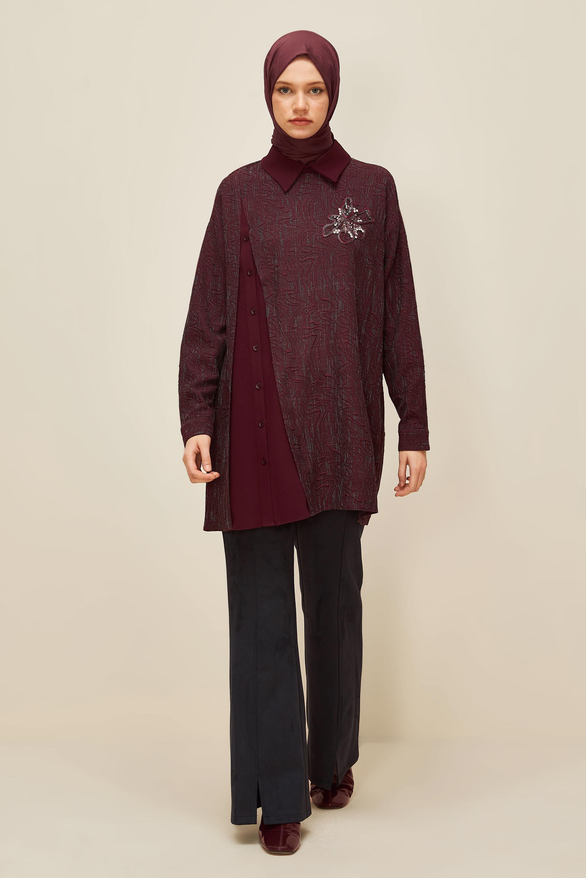 Tesettür giyim BORDO TAŞ BASKILI TUNİK 46051