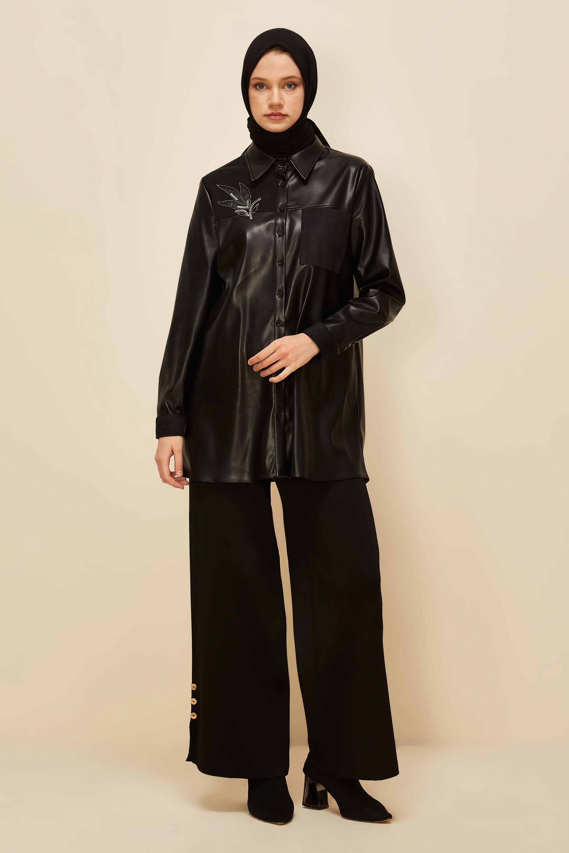 Tesettür giyim SİYAH SUNİ DERİ TUNİK 46059