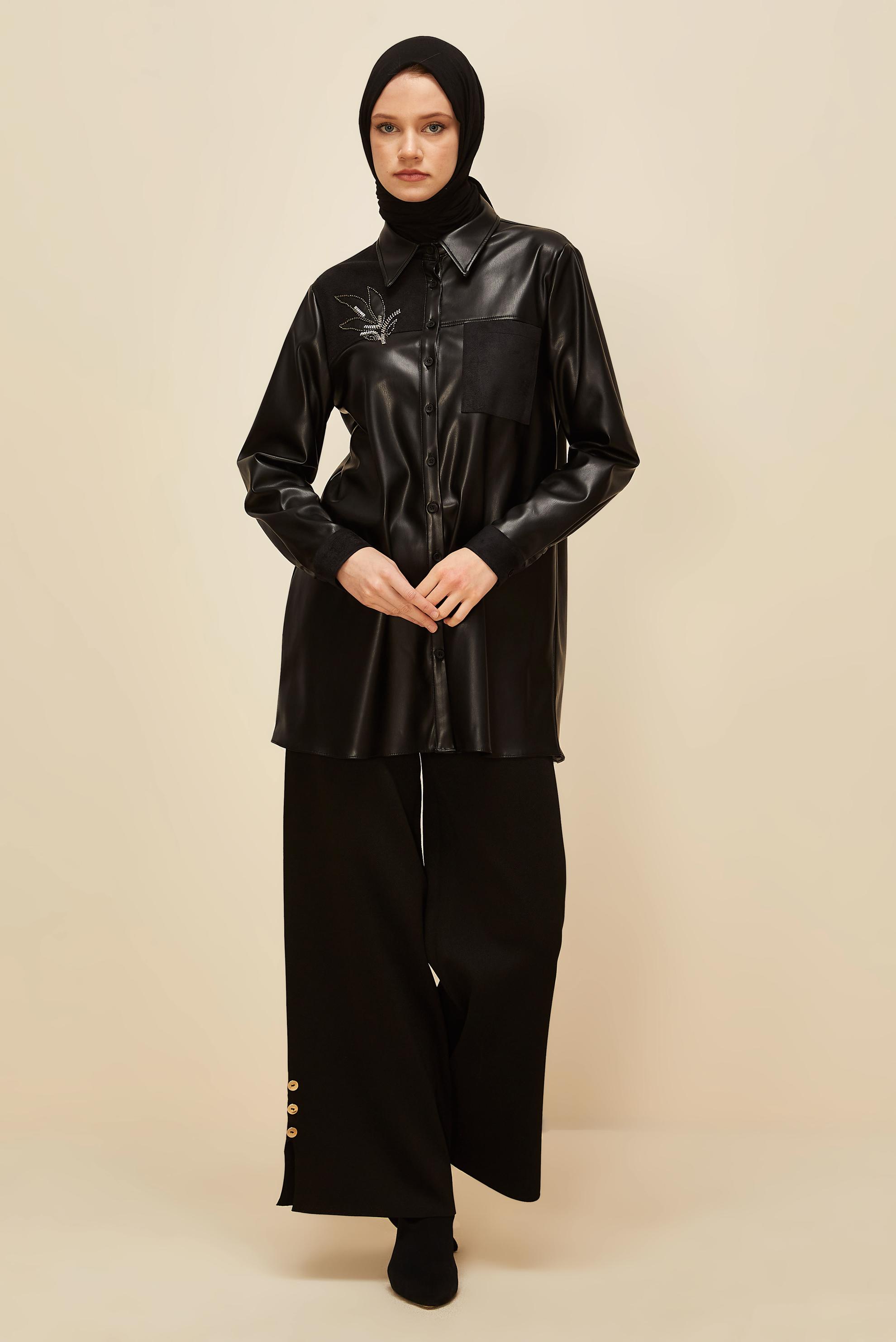 Tesettür giyim SİYAH SUNİ DERİ TUNİK 46059