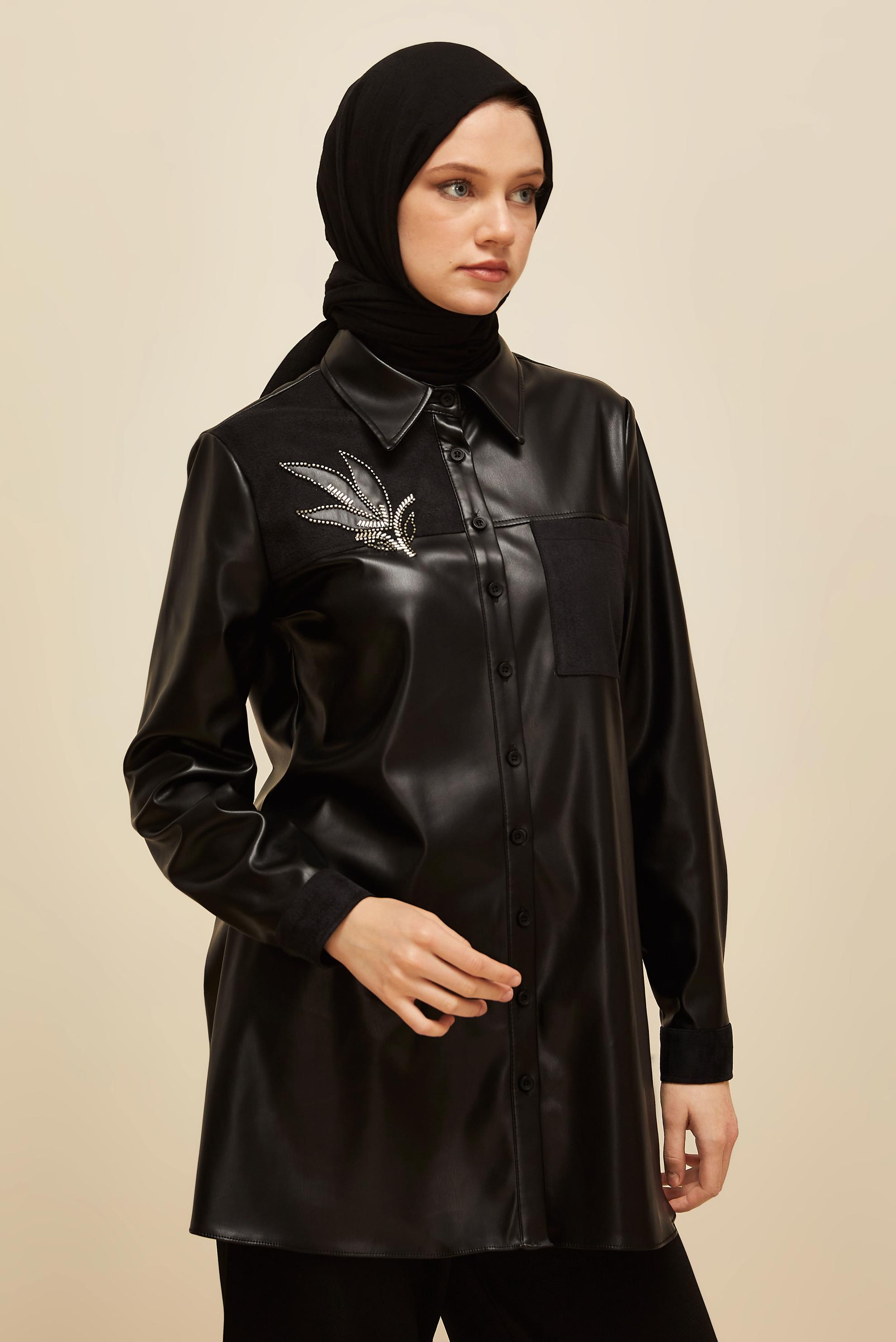 Tesettür giyim SİYAH SUNİ DERİ TUNİK 46059