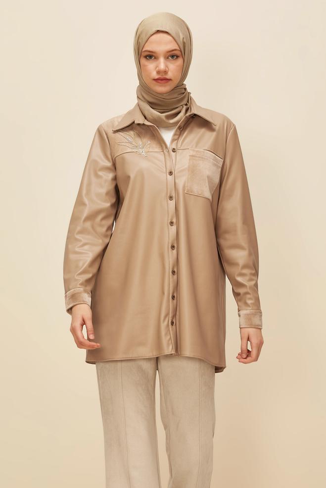Vêtements hijab BEIGE TUNIQUE EN SIMILI CUIR 46059 - ALVİNA