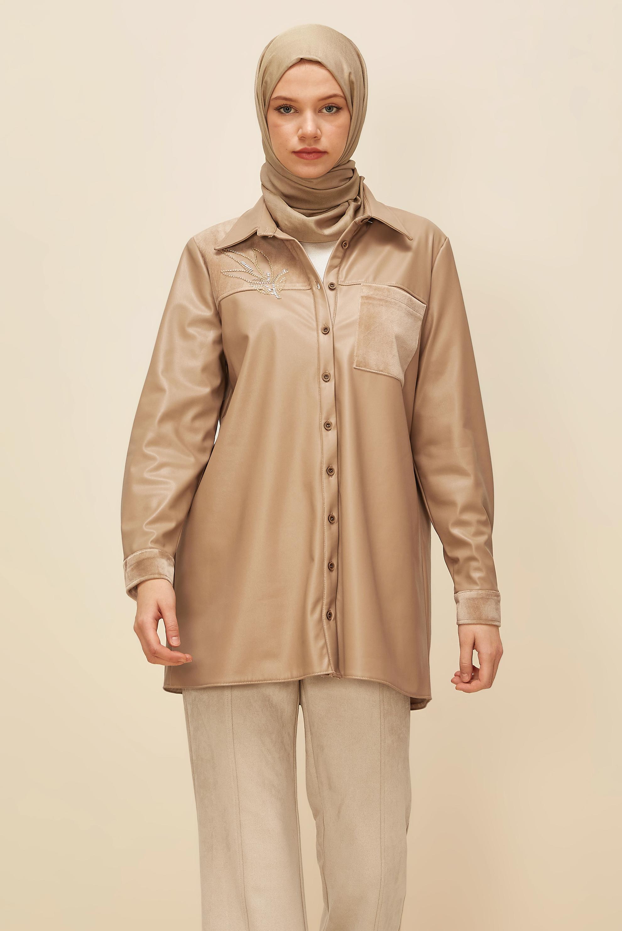 Tesettür giyim BEJ SUNİ DERİ TUNİK 46059