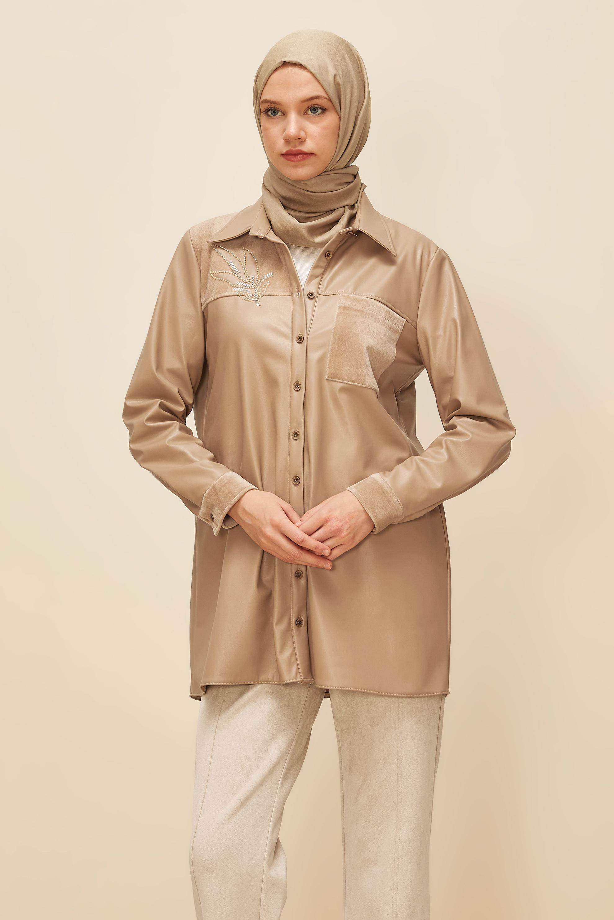 Tesettür giyim BEJ SUNİ DERİ TUNİK 46059