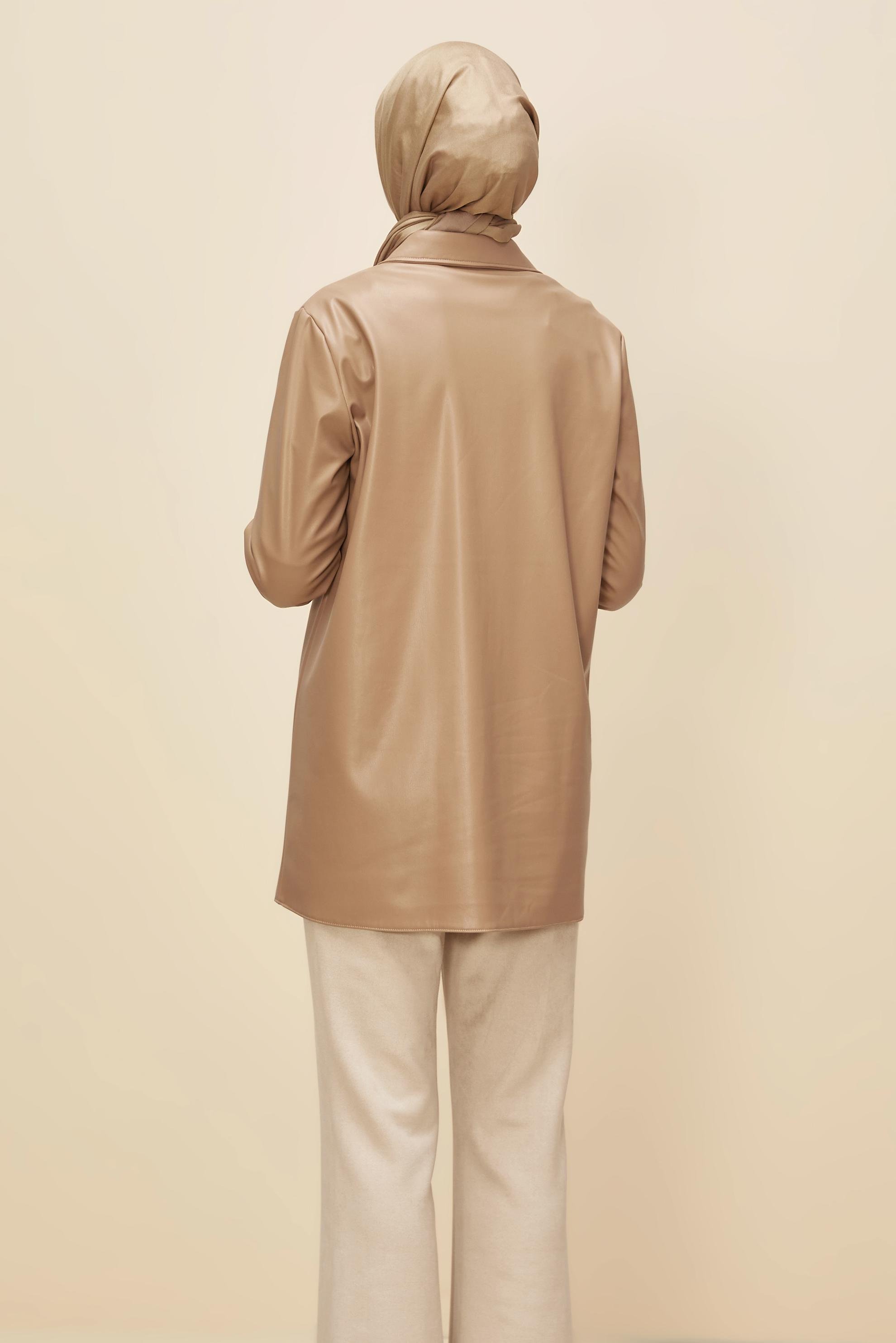 Tesettür giyim BEJ SUNİ DERİ TUNİK 46059