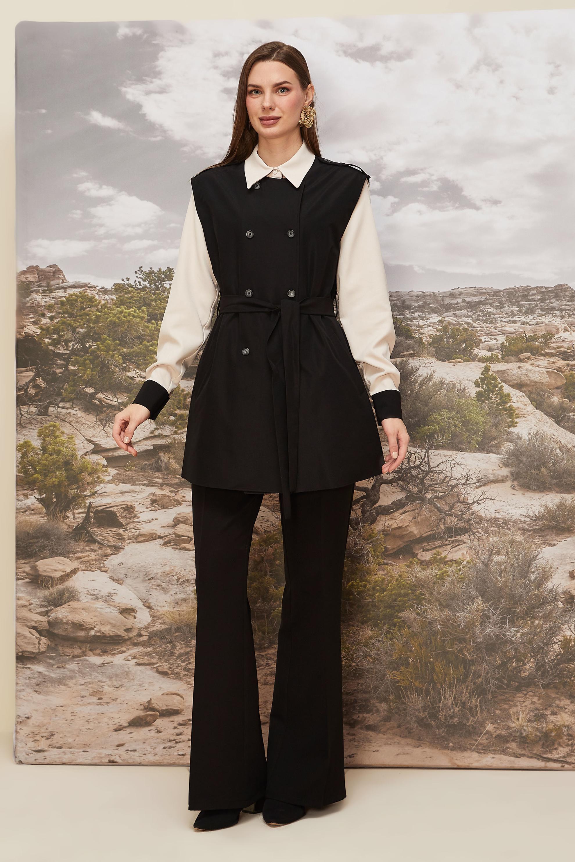 Tesettür giyim SİYAH KUŞAKLI YELEKLİ TUNİK 46065