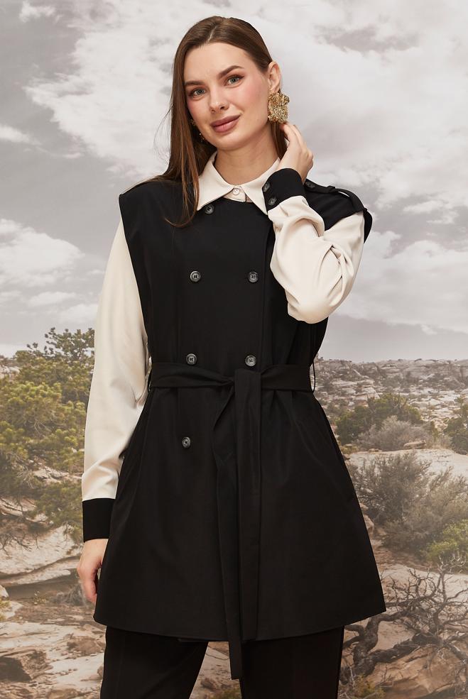 Tesettür giyim SİYAH KUŞAKLI YELEKLİ TUNİK 46065 - ALVİNA