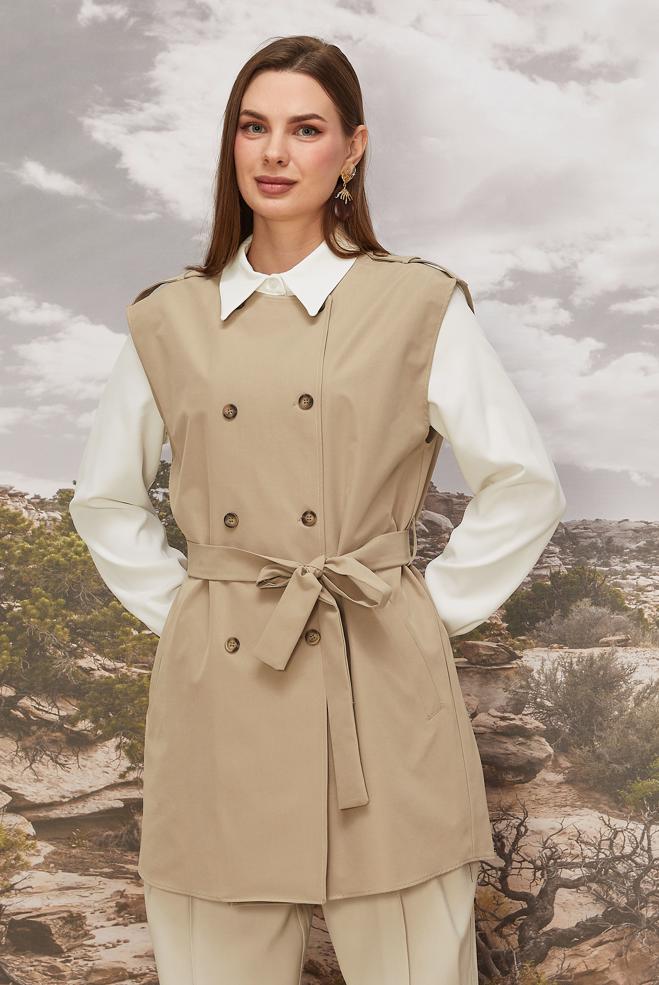 Tesettür giyim KAHVE KUŞAKLI YELEKLİ TUNİK 46065 - ALVİNA