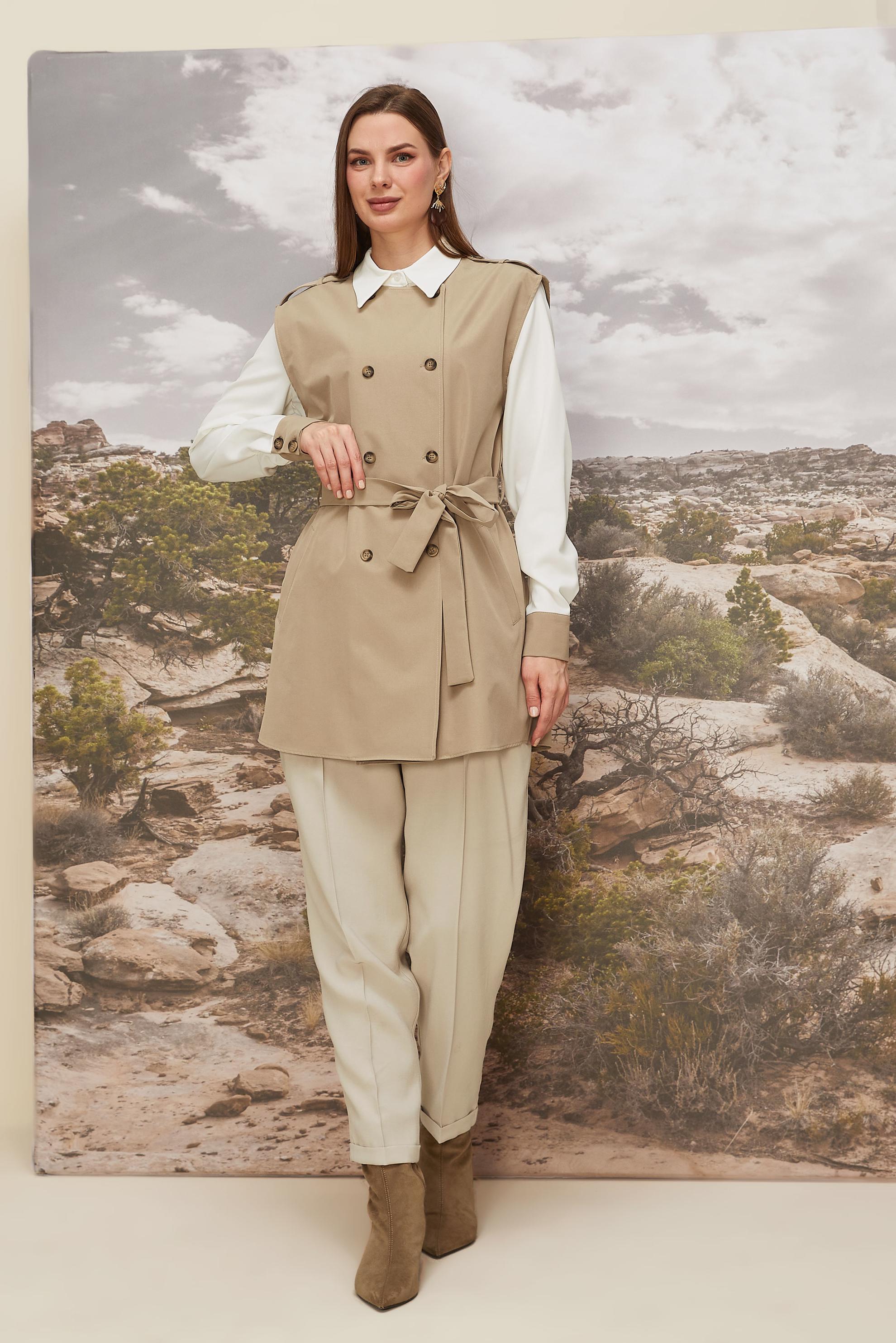 Tesettür giyim KAHVE KUŞAKLI YELEKLİ TUNİK 46065