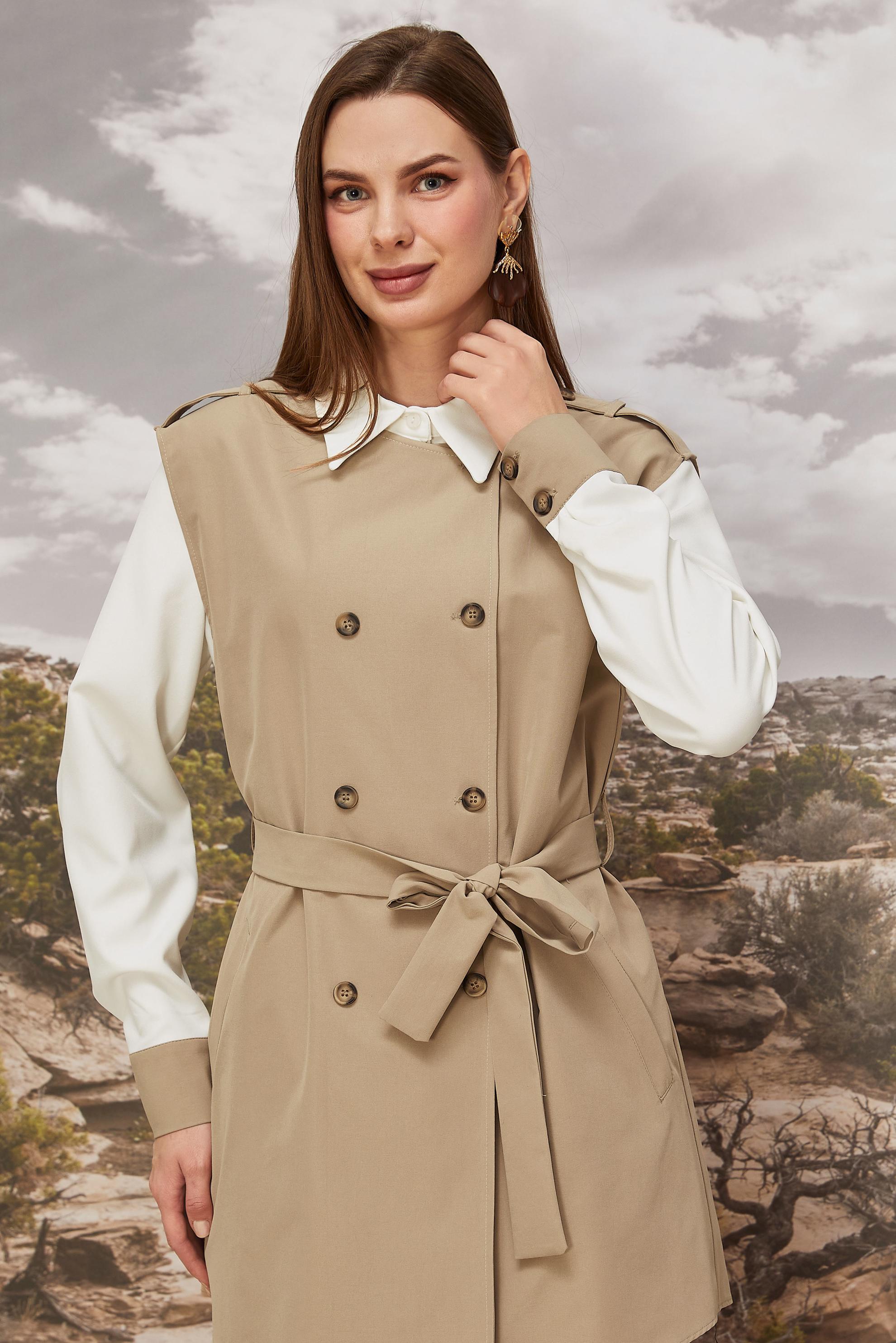 Tesettür giyim KAHVE KUŞAKLI YELEKLİ TUNİK 46065