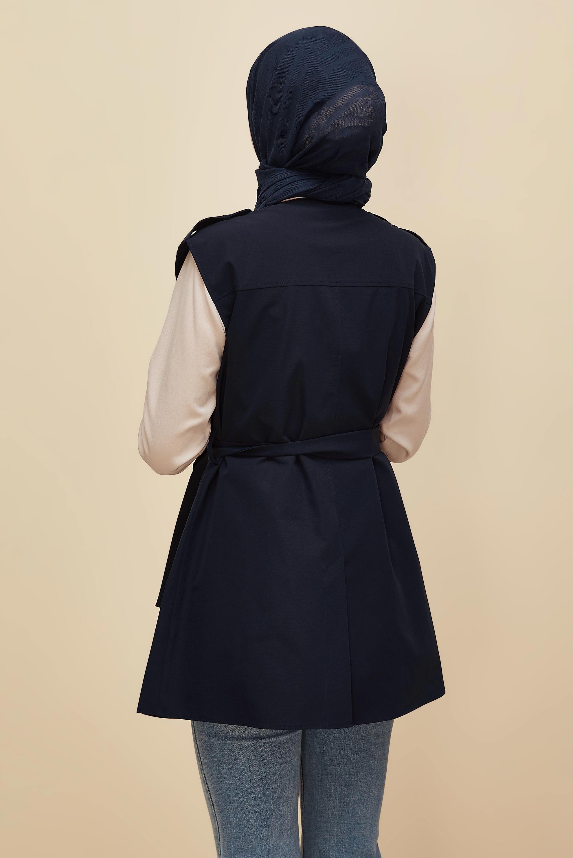 Tesettür giyim LACİVERT KUŞAKLI YELEKLİ TUNİK 46065