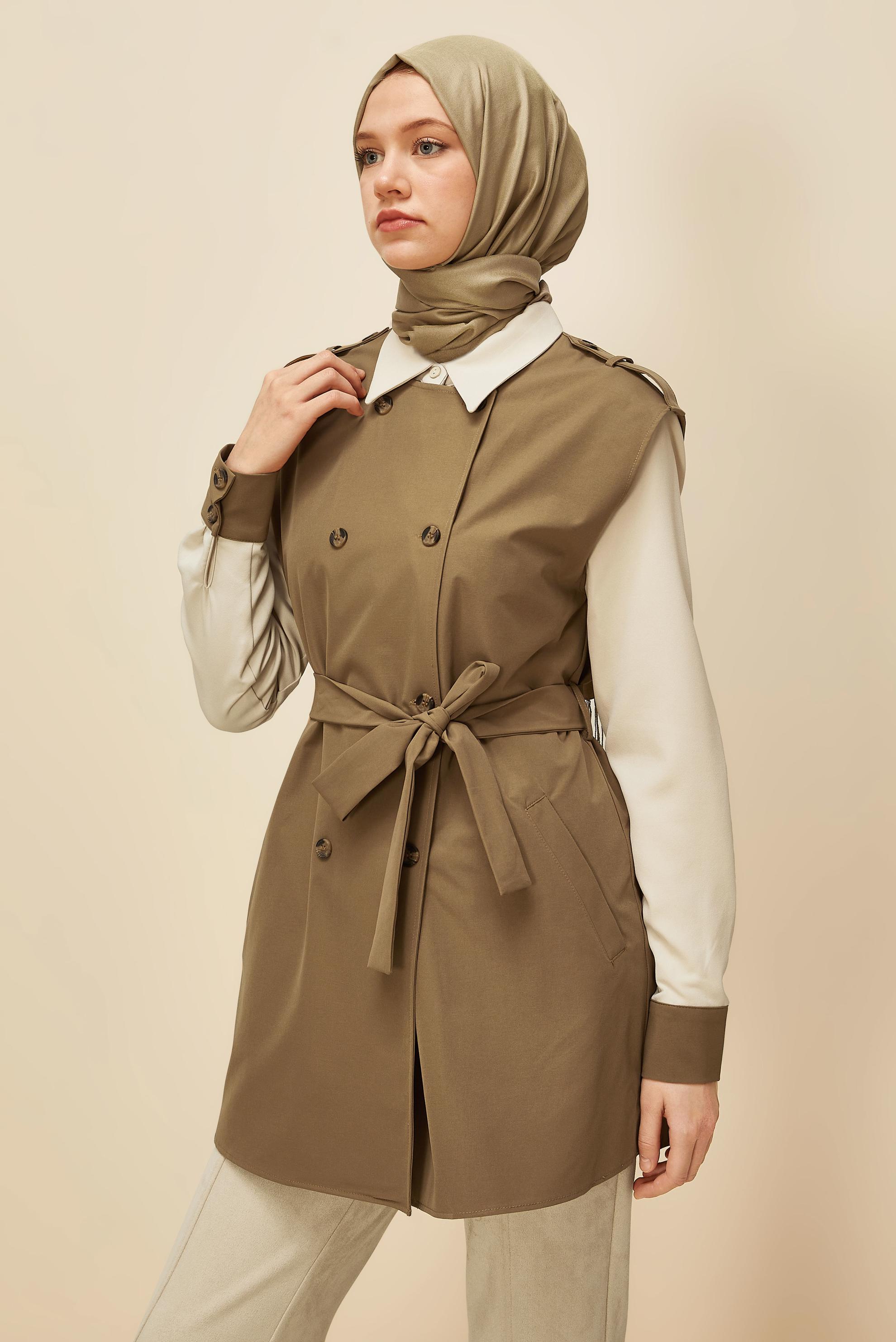 Tesettür giyim KAHVE KUŞAKLI YELEKLİ TUNİK 46065