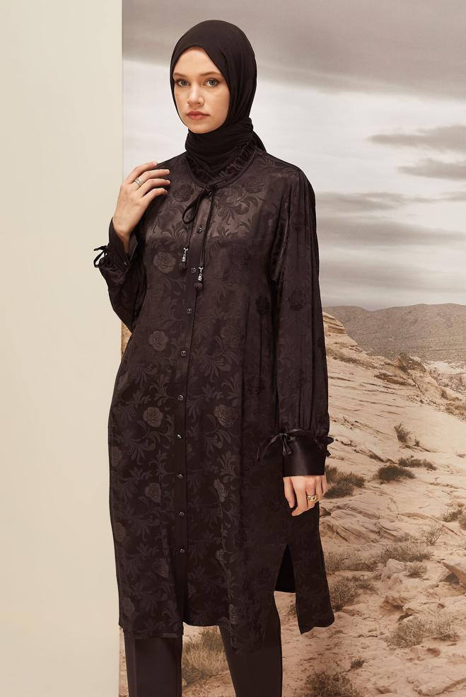 Vêtements hijab BRUN TUNIQUE EN SATIN 46076 - ALVİNA