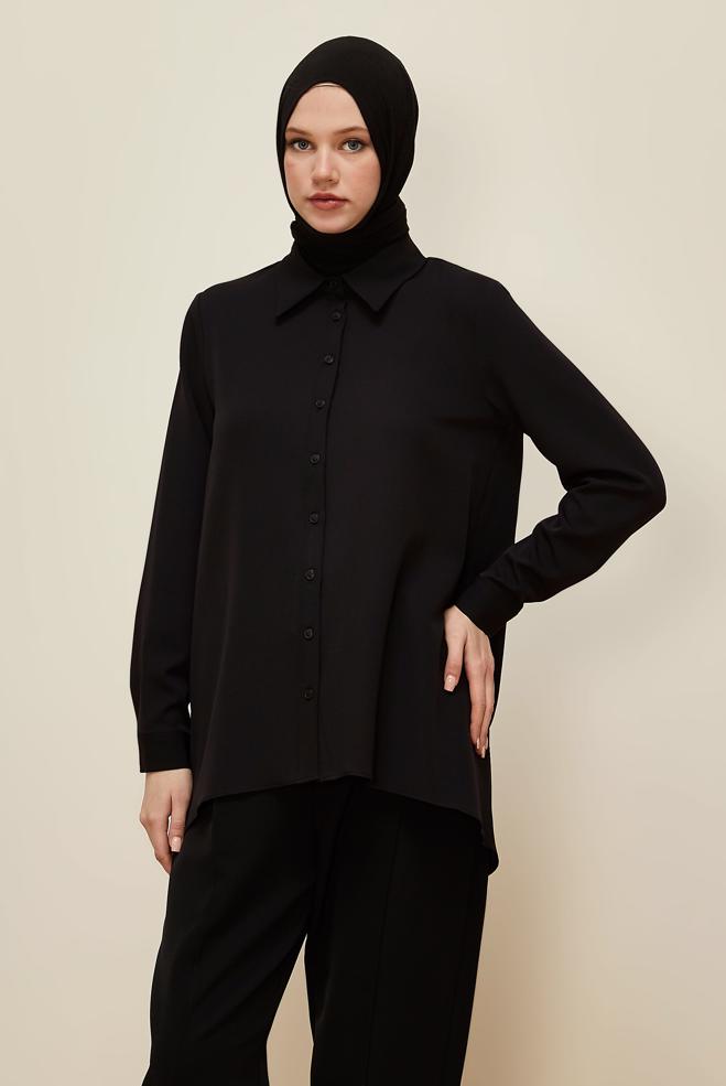 Vêtements hijab NOIR TUNIQUE COL CHEMISE 46079 - ALVİNA
