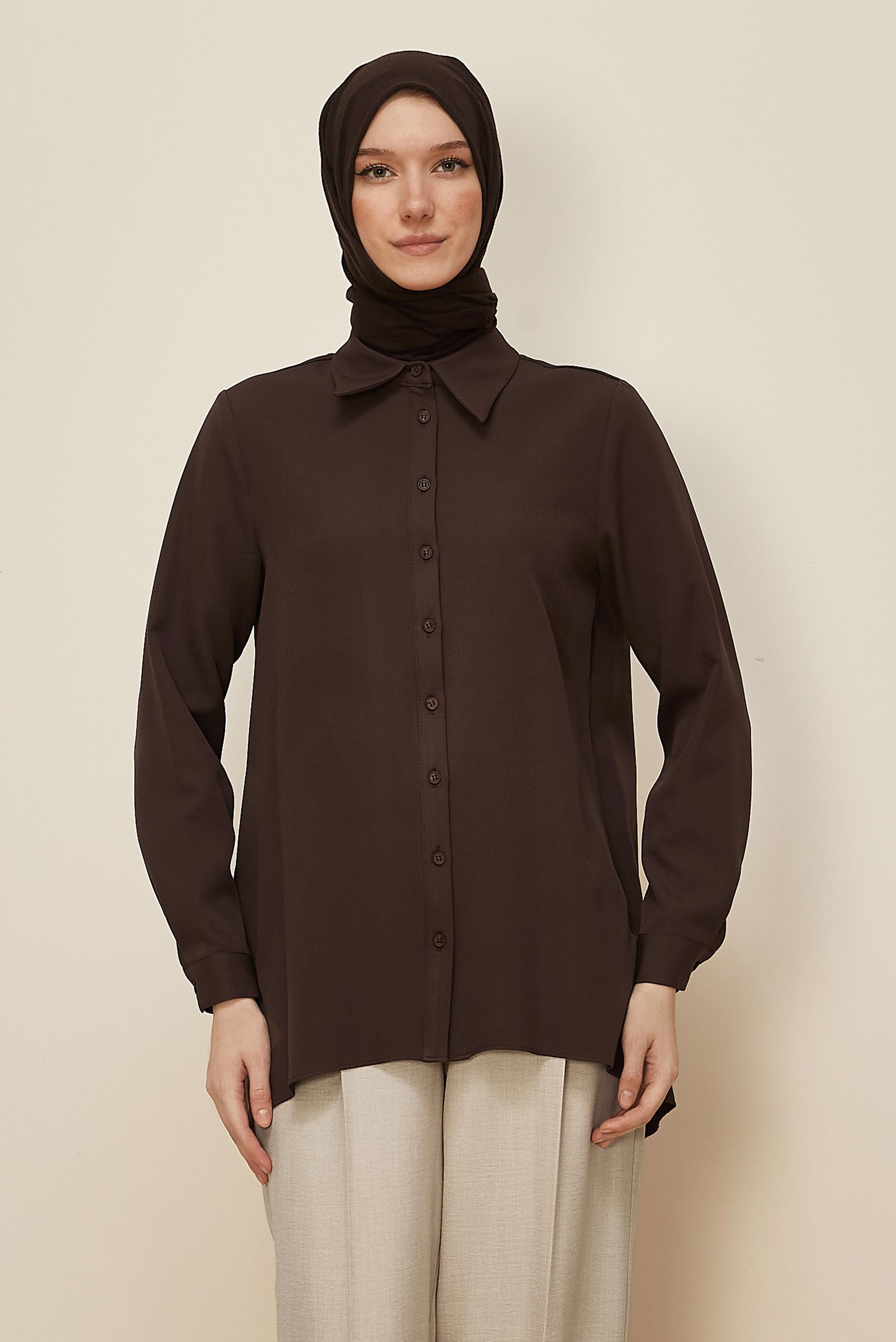 Tesettür giyim KAHVE GÖMLEK YAKA TUNİK 46079